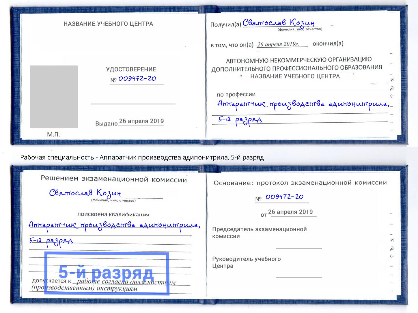 корочка 5-й разряд Аппаратчик производства адипонитрила Трёхгорный