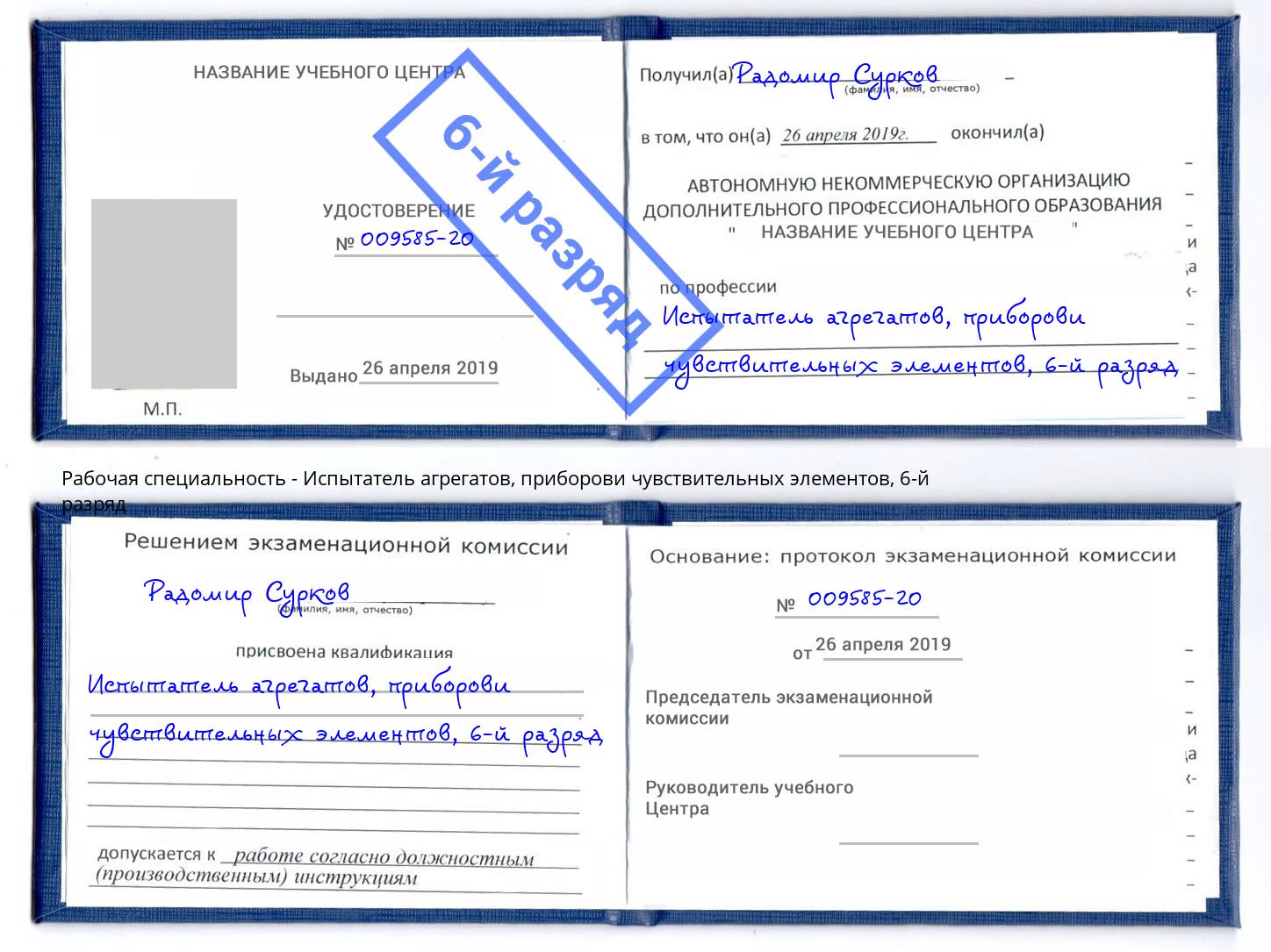 корочка 6-й разряд Испытатель агрегатов, приборови чувствительных элементов Трёхгорный