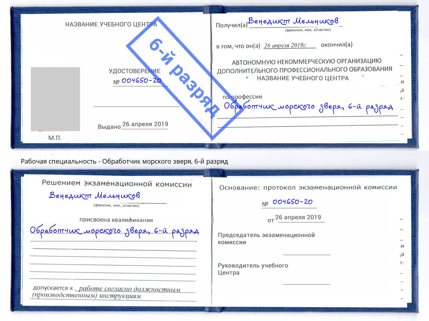 корочка 6-й разряд Обработчик морского зверя Трёхгорный