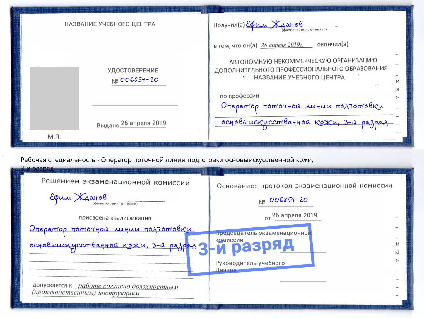 корочка 3-й разряд Оператор поточной линии подготовки основыискусственной кожи Трёхгорный