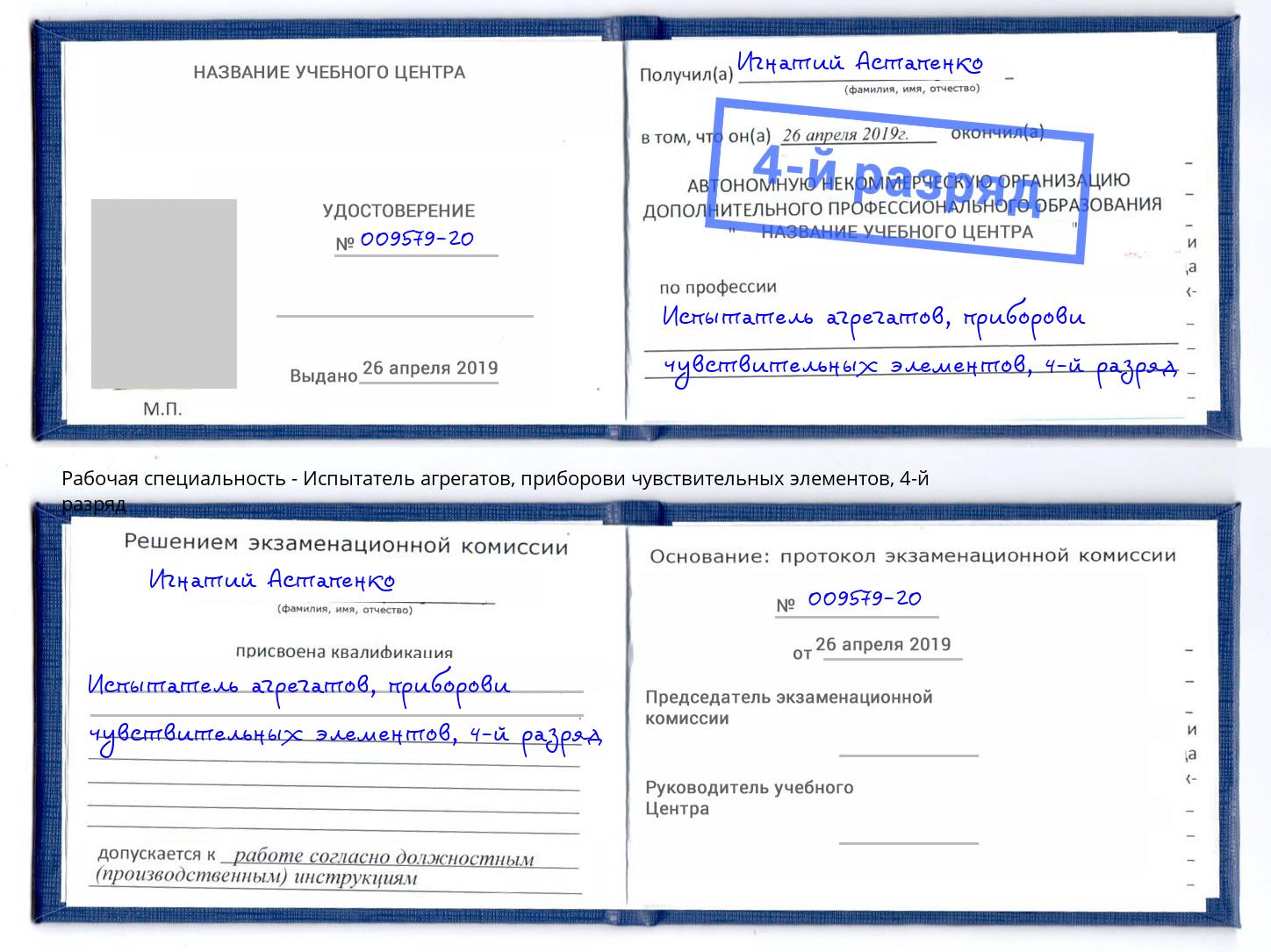 корочка 4-й разряд Испытатель агрегатов, приборови чувствительных элементов Трёхгорный