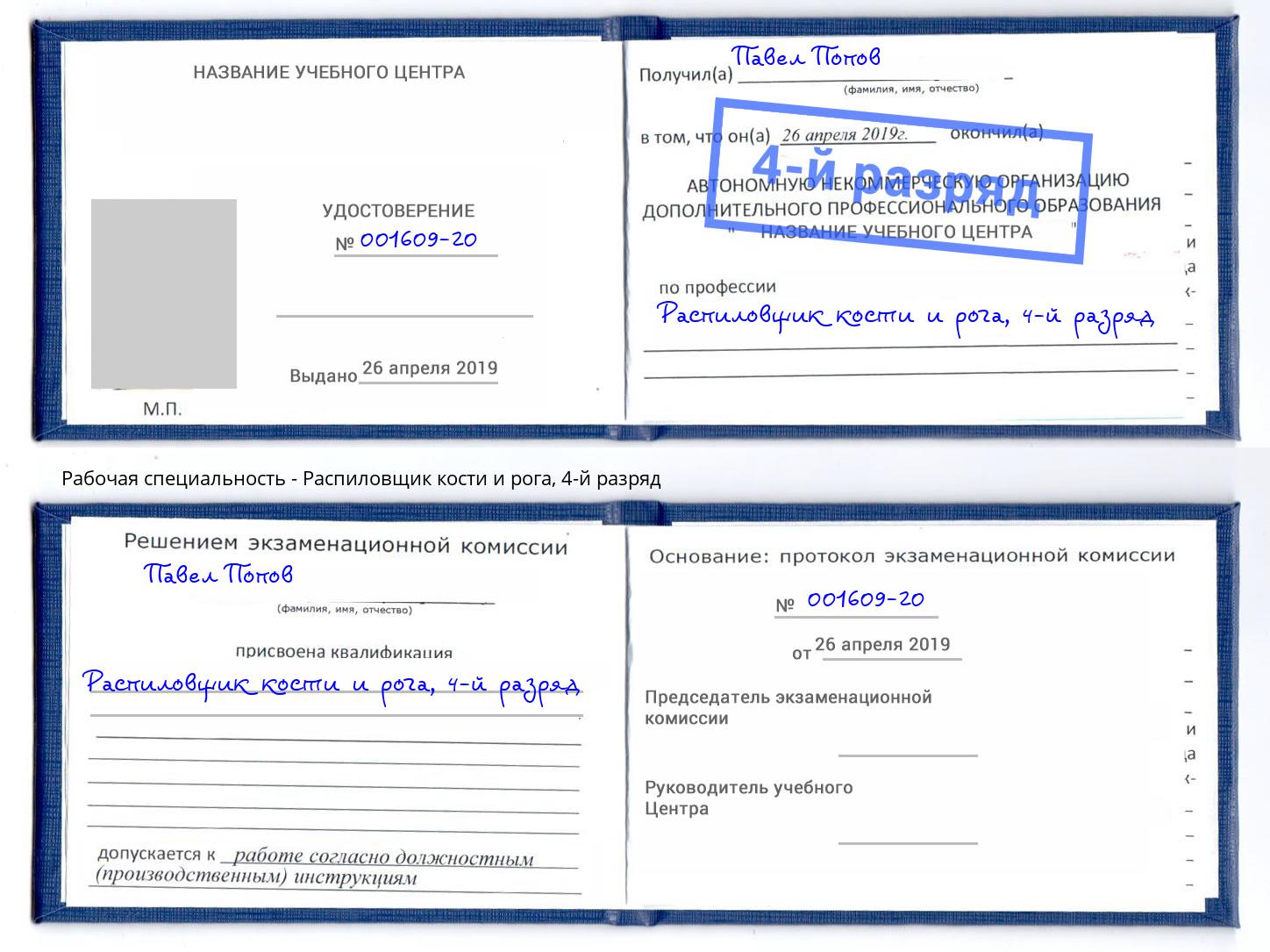 корочка 4-й разряд Распиловщик кости и рога Трёхгорный