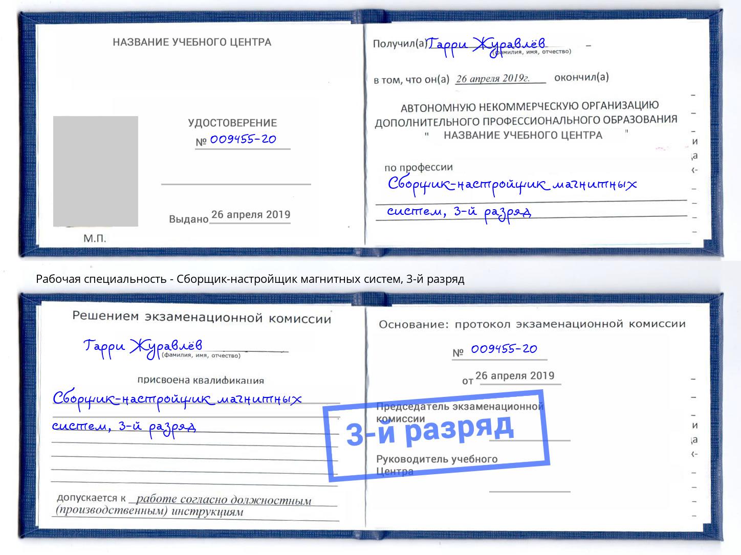 корочка 3-й разряд Сборщик-настройщик магнитных систем Трёхгорный