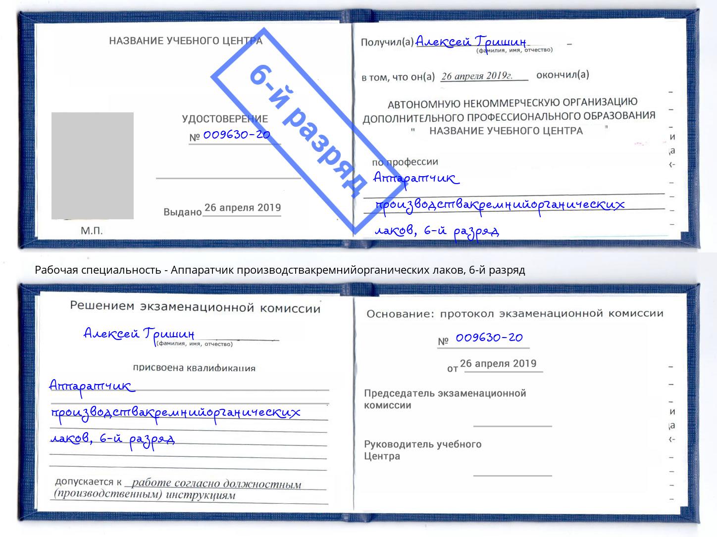 корочка 6-й разряд Аппаратчик производствакремнийорганических лаков Трёхгорный