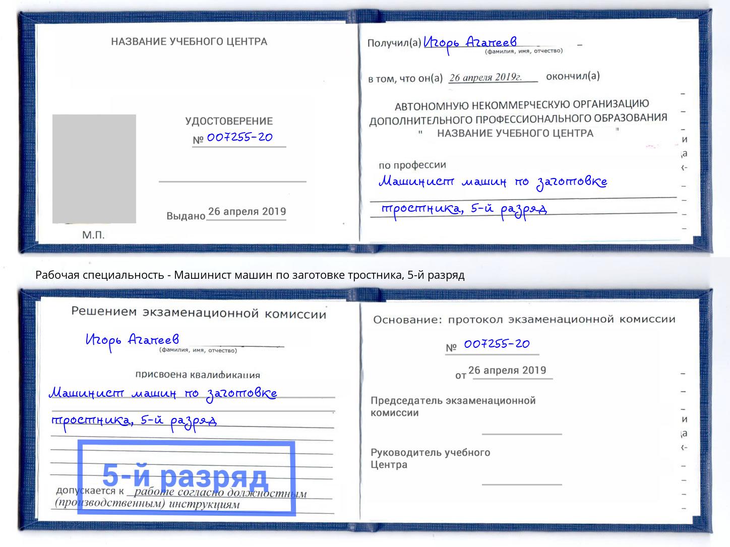 корочка 5-й разряд Машинист машин по заготовке тростника Трёхгорный