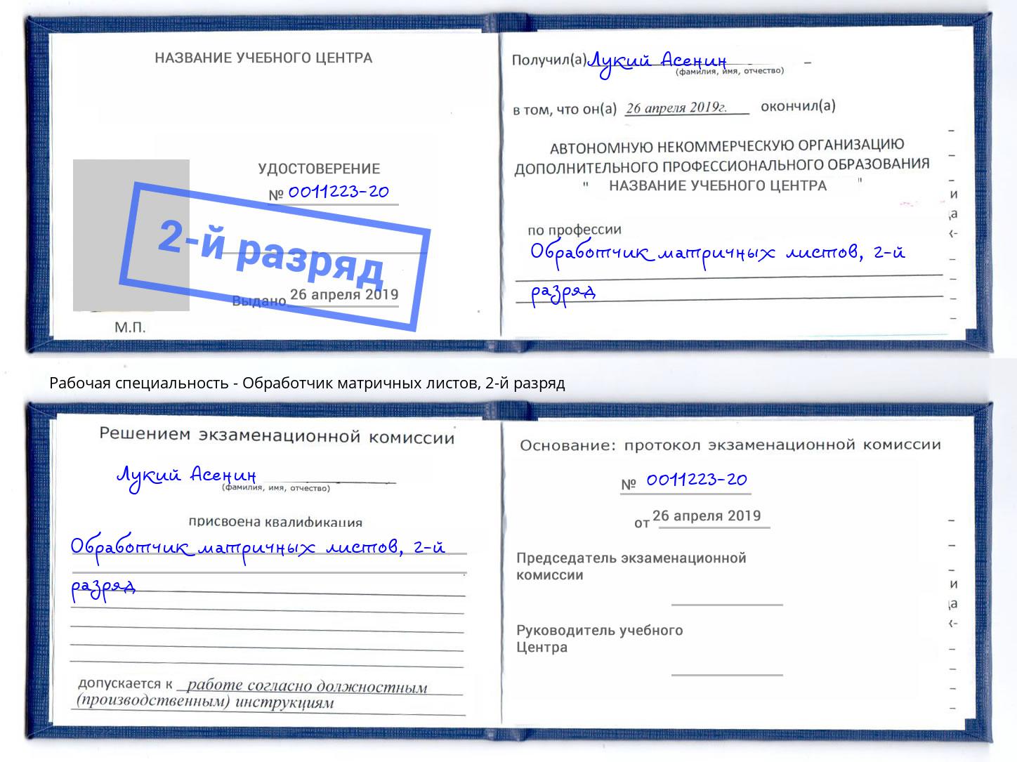 корочка 2-й разряд Обработчик матричных листов Трёхгорный