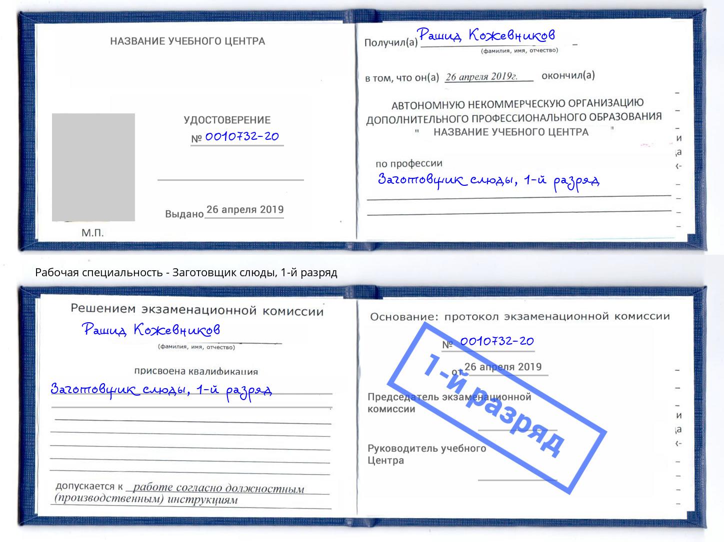 корочка 1-й разряд Заготовщик слюды Трёхгорный
