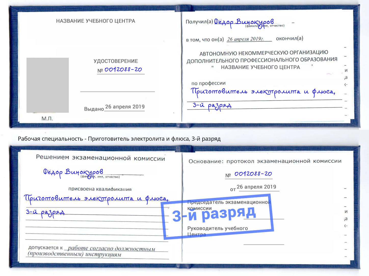 корочка 3-й разряд Приготовитель электролита и флюса Трёхгорный